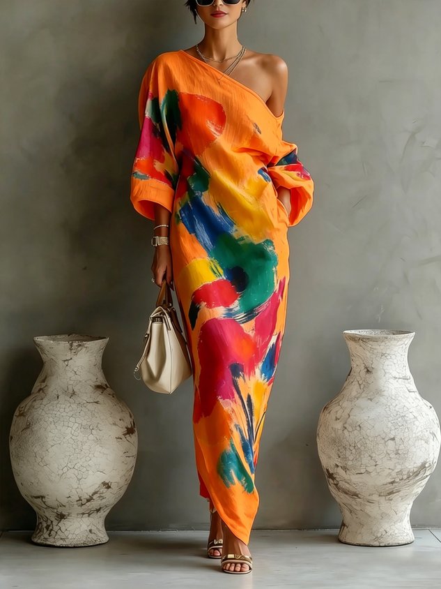 Abstract Printed One-Shoulder Maxi Dress