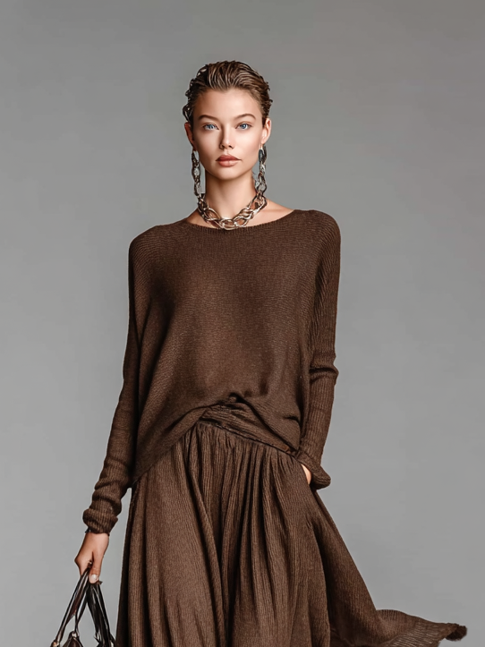 Sweater and Skirt Set with Round Neck