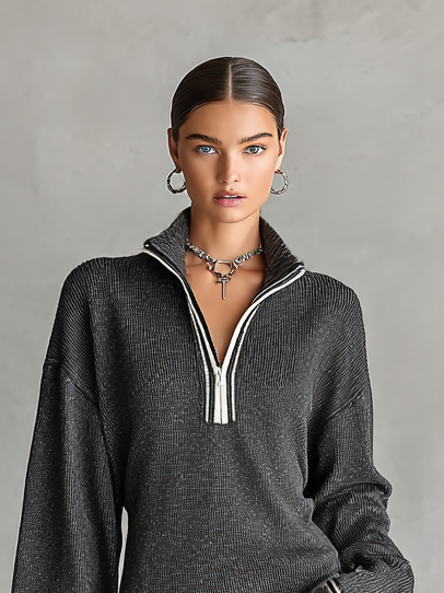 Loose Knit Mini Dress with Polo Collar and Zip