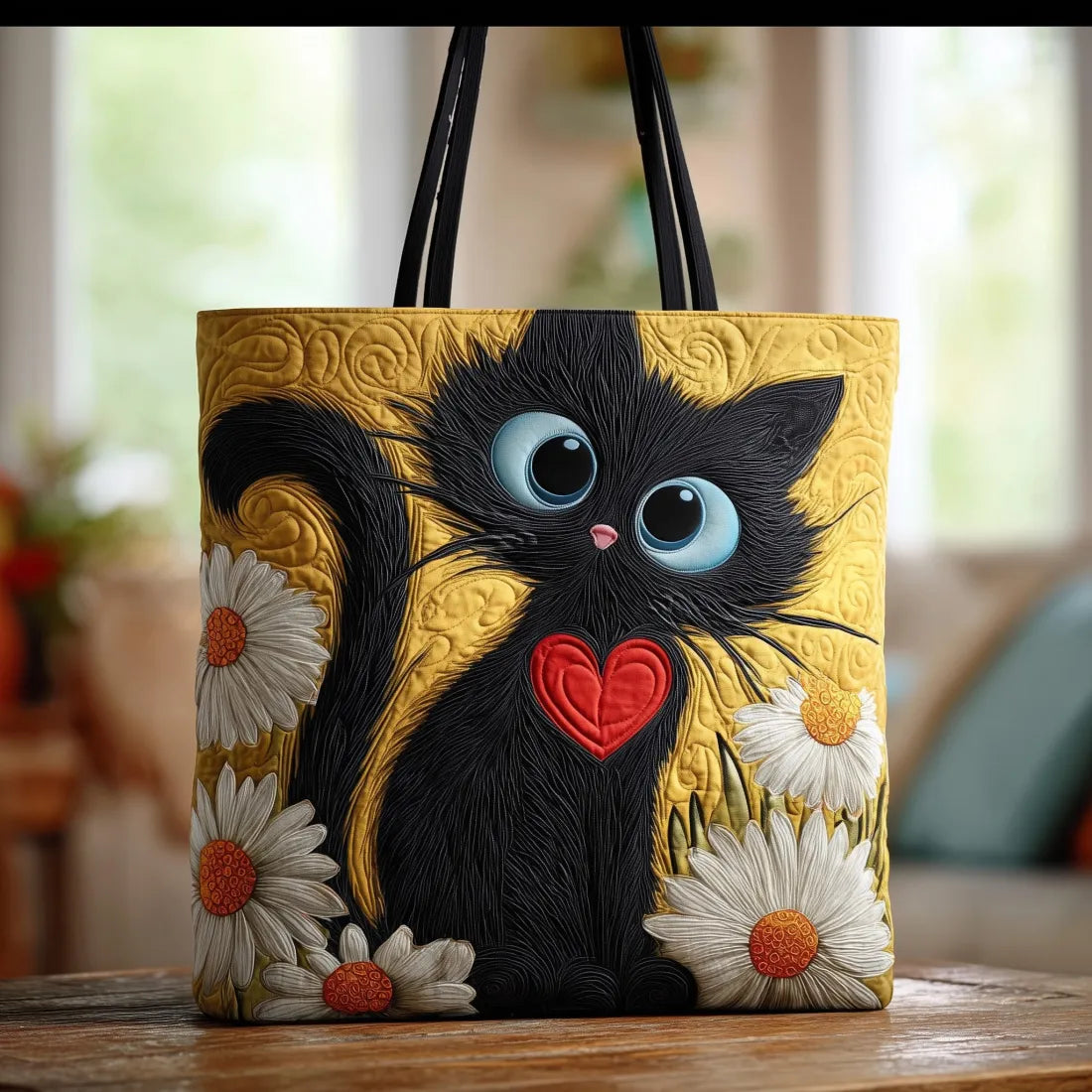Black Cat with Heart and Daisies Quilted Tote Bag