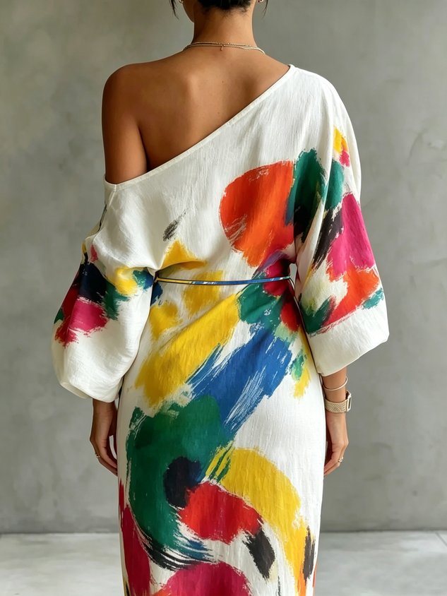 Abstract Printed One-Shoulder Maxi Dress