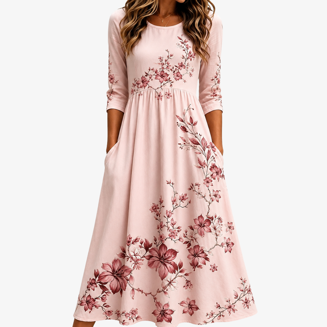 Elegant Midi Dress with Pockets - Rose Garden