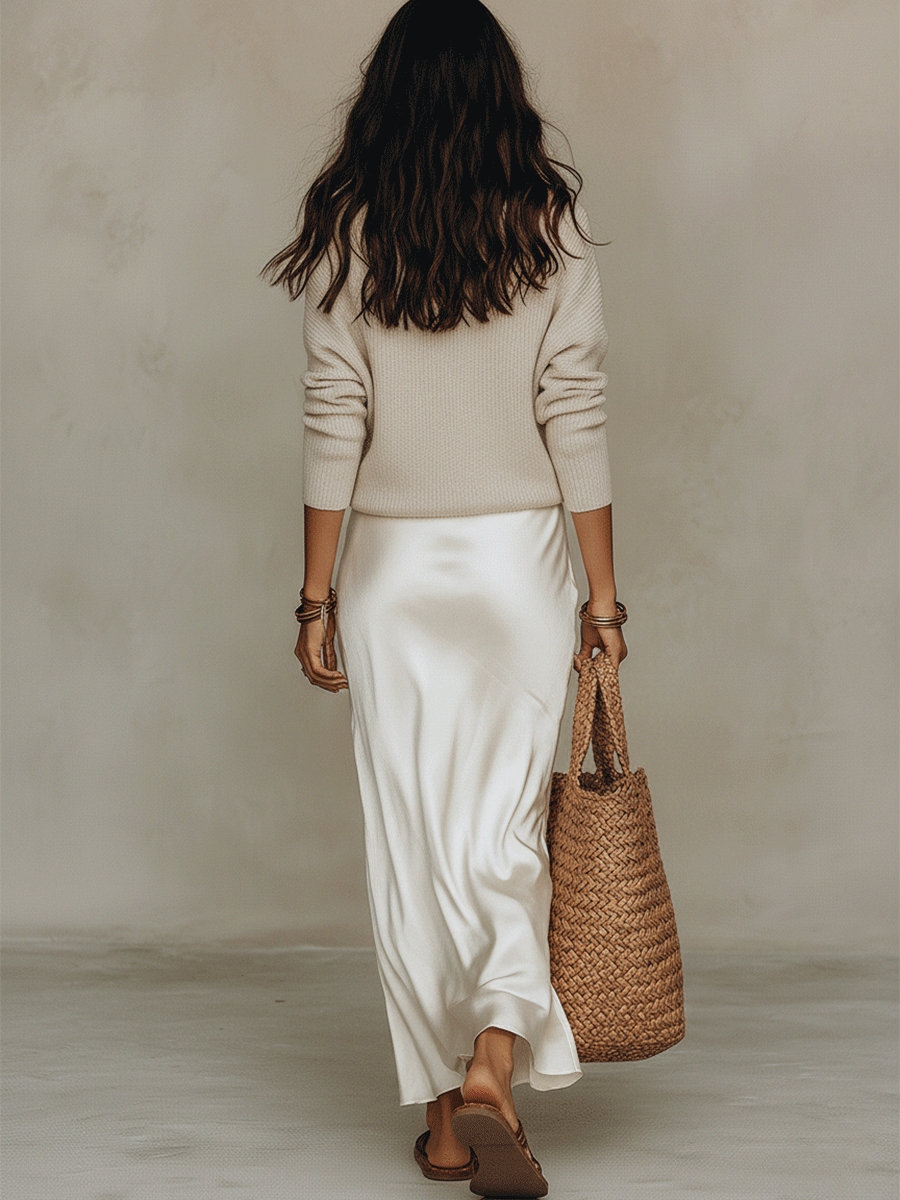 Ivory Knit & Satin Midi Set