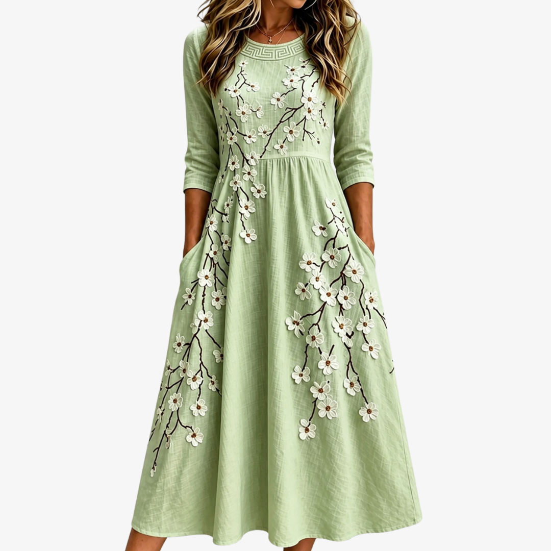 Sage Garden Midi Dress with Pockets