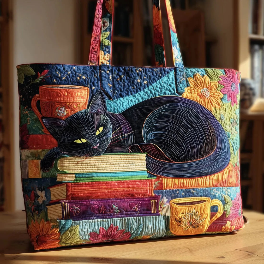 Black Cat with Books and Mugs Quilted Tote Bag