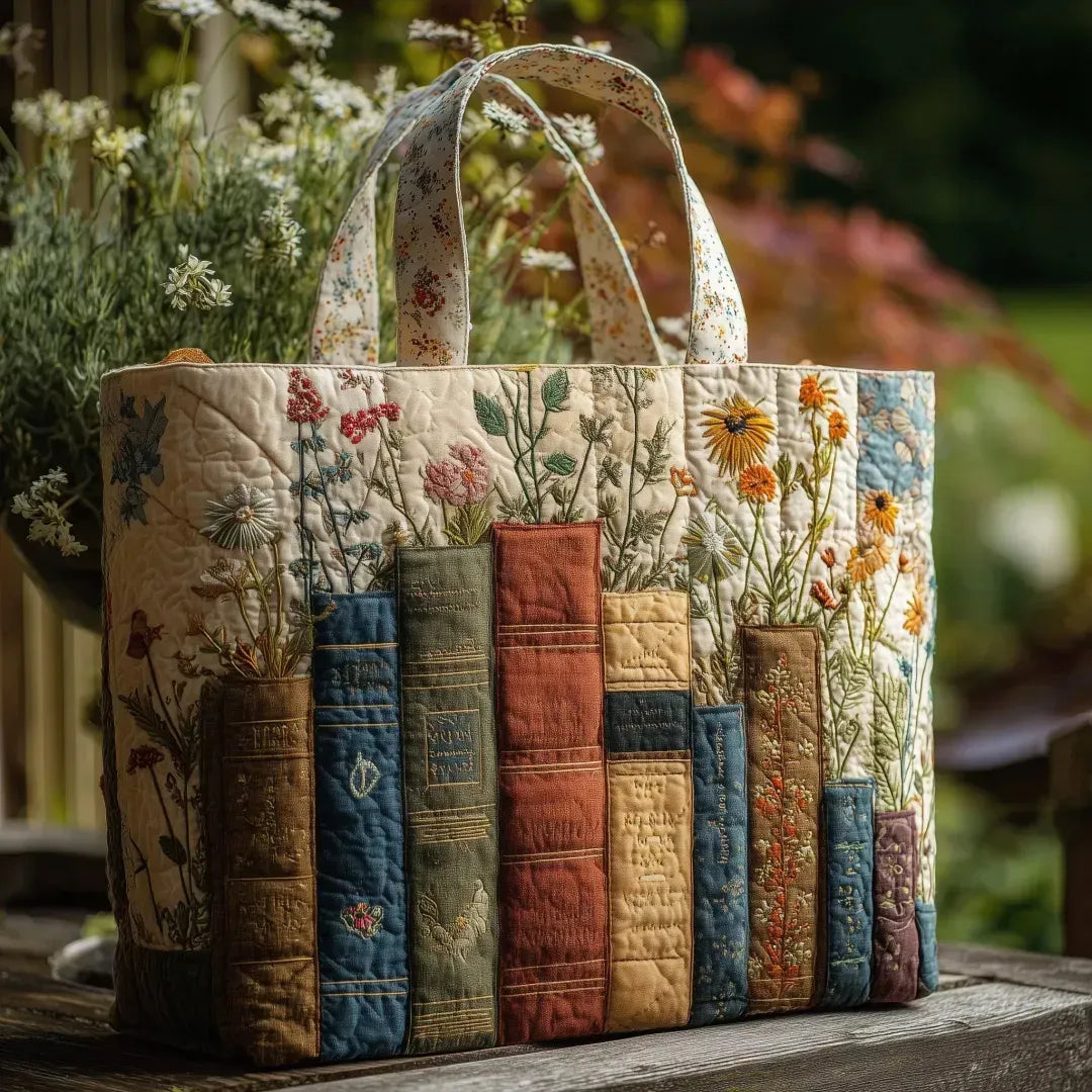 Books and Flowers Quilted Tote Bag