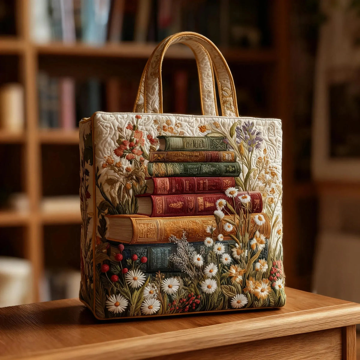 Floral Pattern with Books Quilted Tote Bag