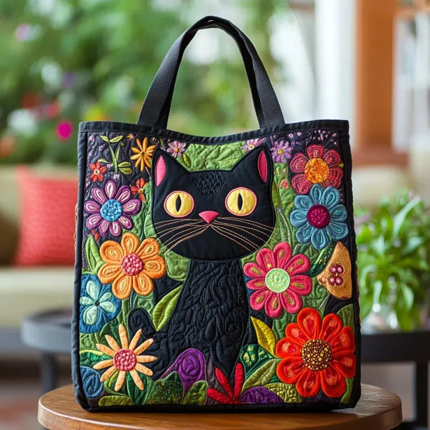 Black Cat with Flowers Quilted Tote Bag