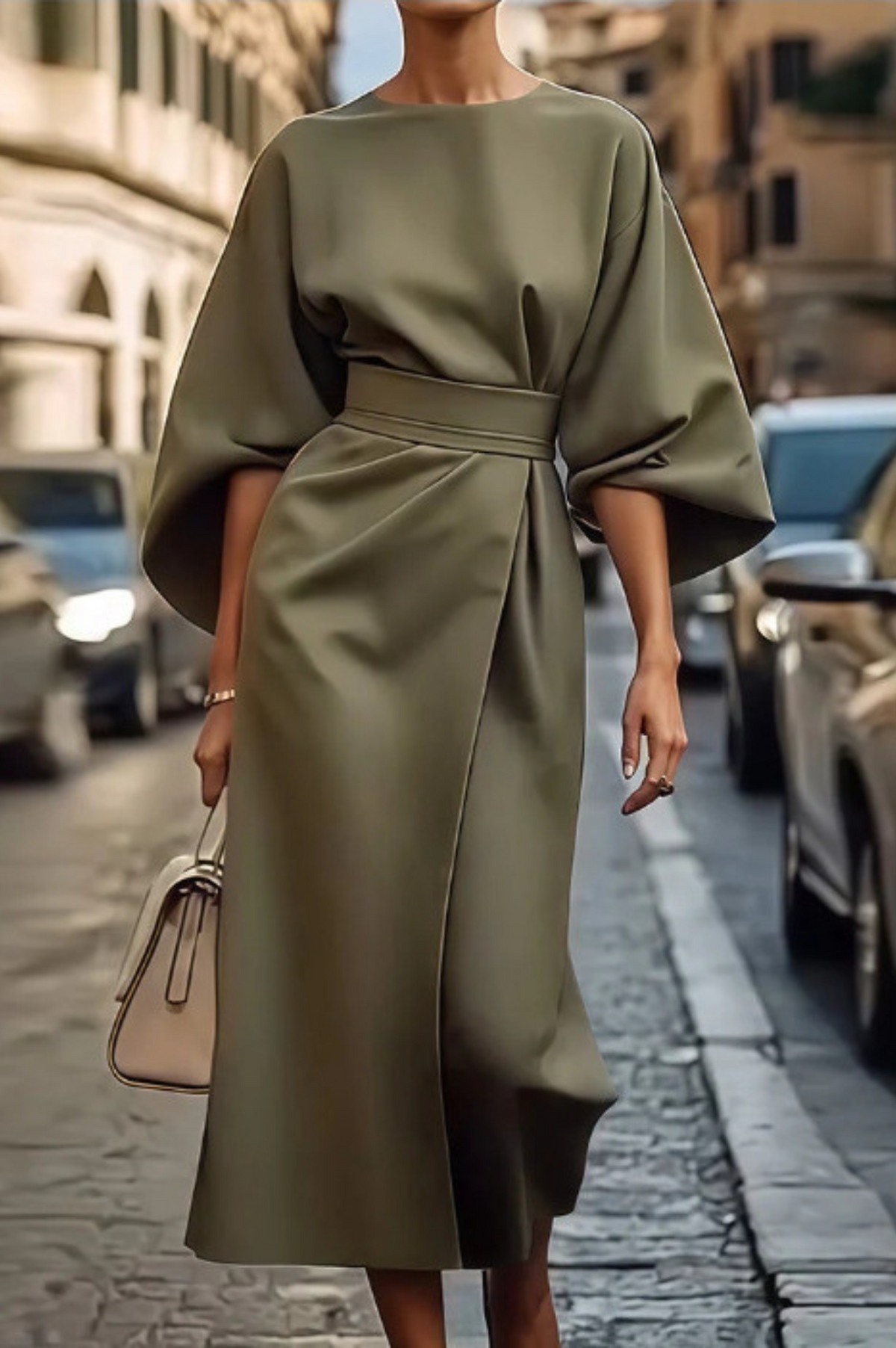 Elegant Lantern Sleeve Dress with Belt