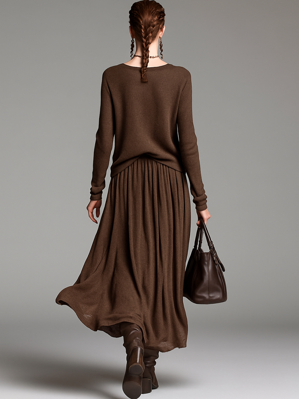 Sweater and Skirt Set with Round Neck