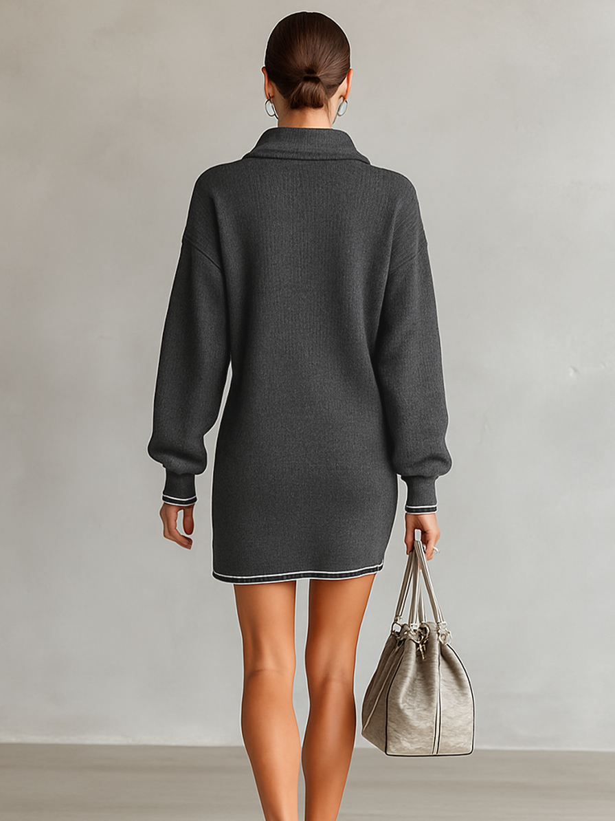 Loose Knit Mini Dress with Polo Collar and Zip