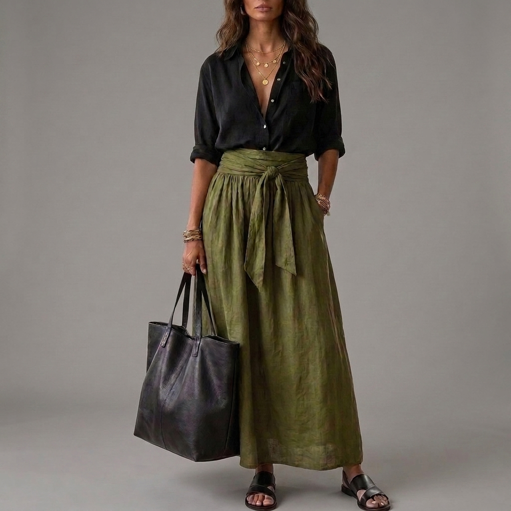 SAHARA | Black Top and Olive Green Midi Skirt Two-Piece Set