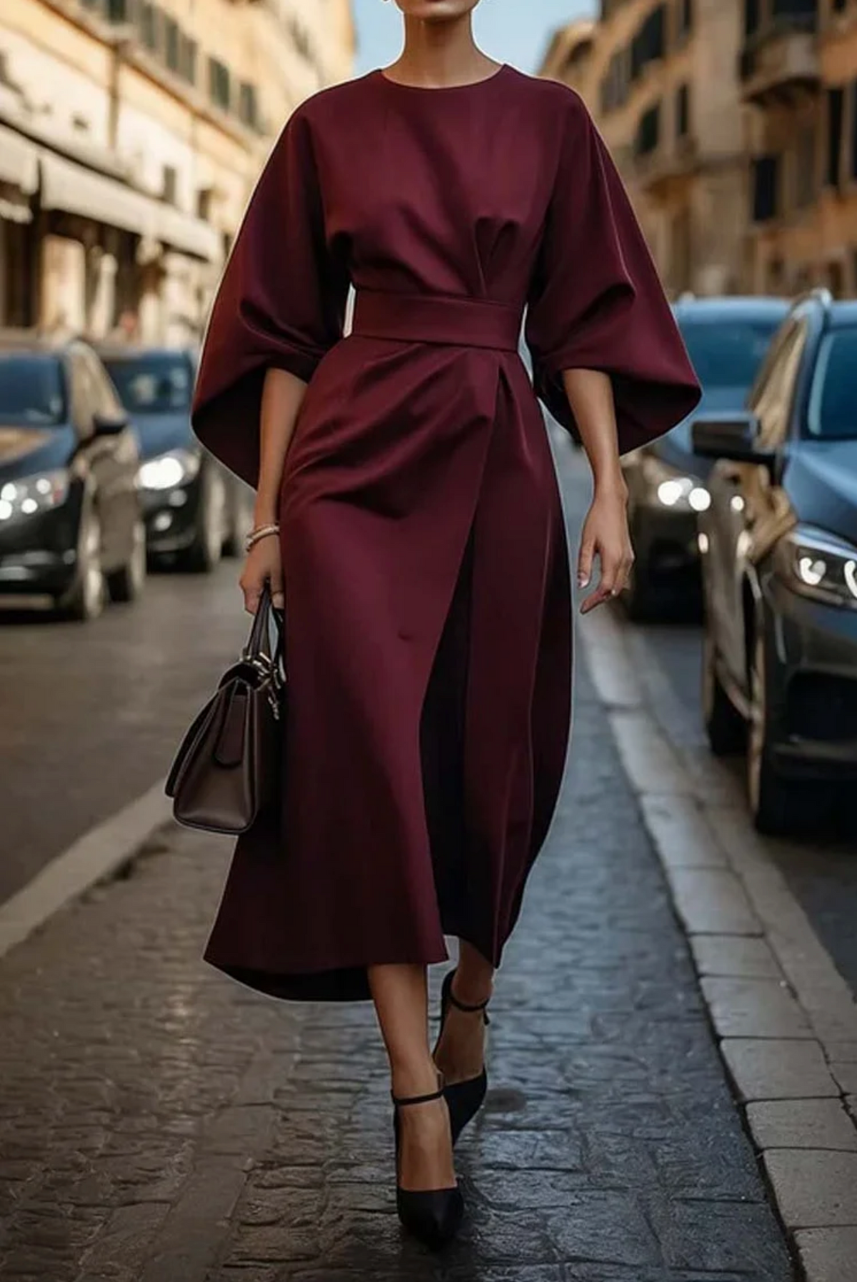 Elegant Lantern Sleeve Dress with Belt