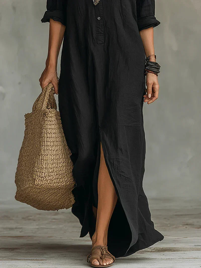 Black Flared Maxi Dress with Buttons