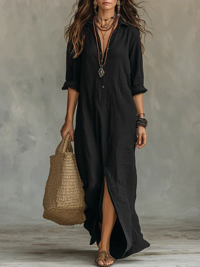 Black Flared Maxi Dress with Buttons