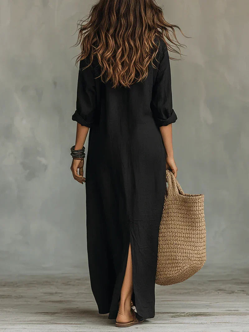 Black Flared Maxi Dress with Buttons