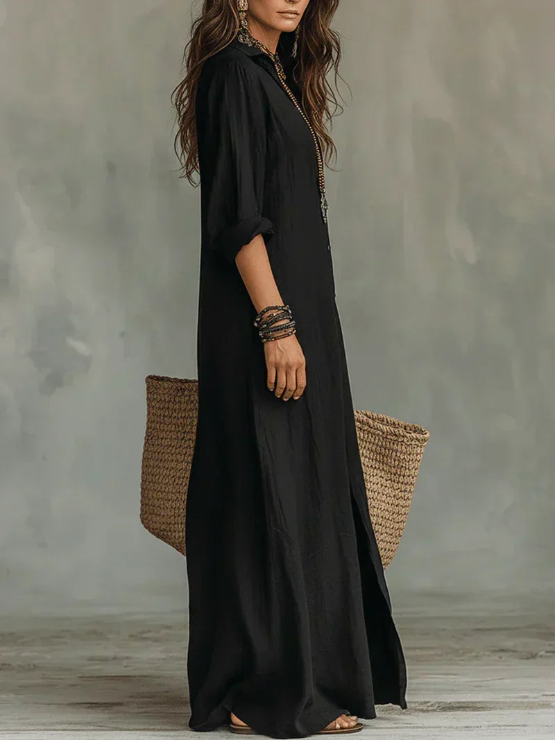 Black Flared Maxi Dress with Buttons