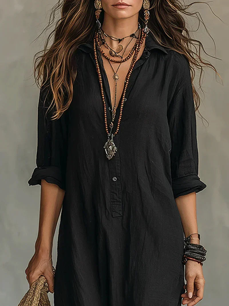 Black Flared Maxi Dress with Buttons