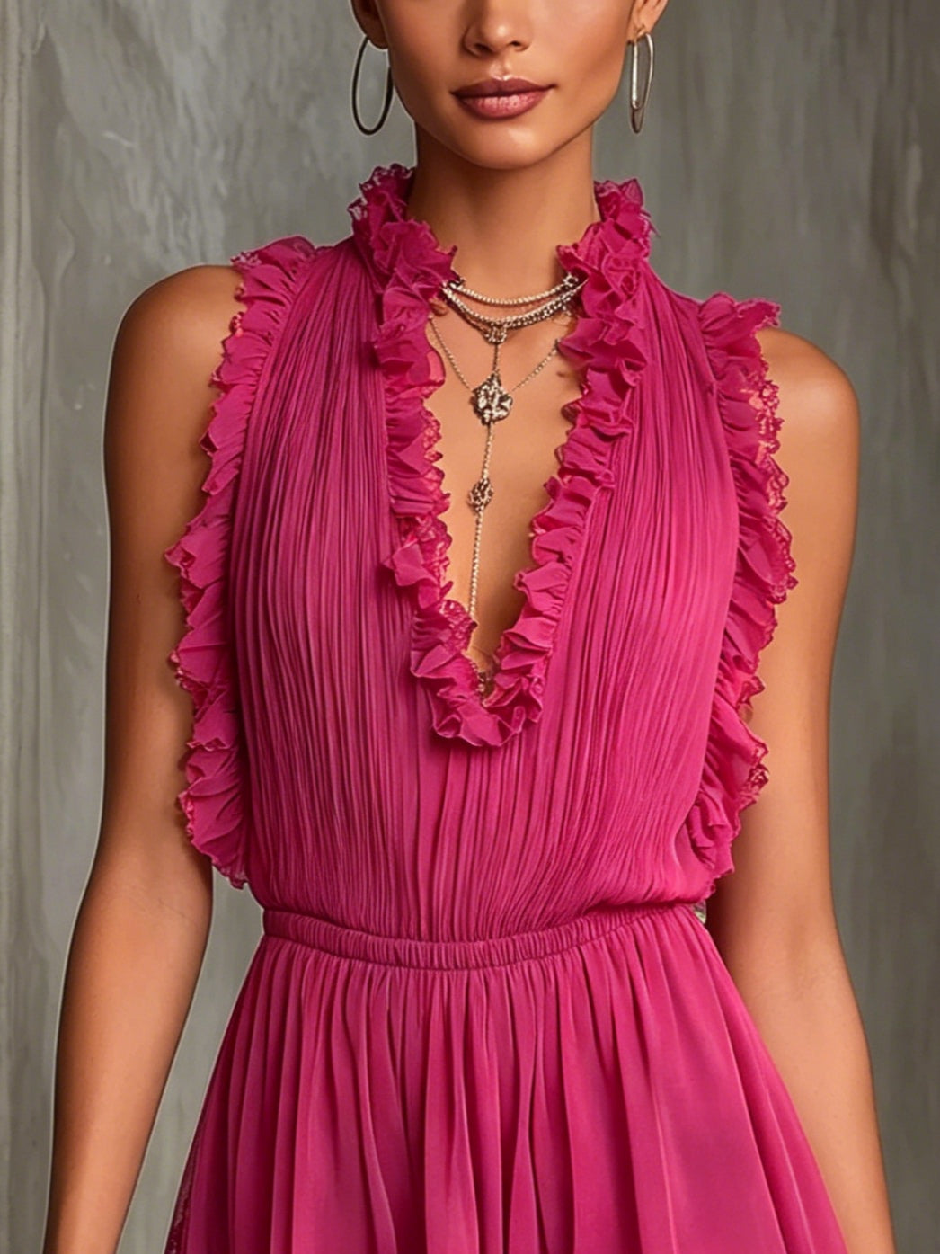 Fuchsia Pleated Chiffon Jumpsuit