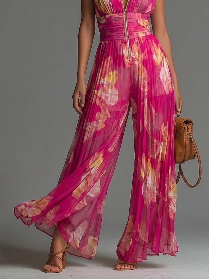 Fuchsia Floral Pleated Chiffon Serafina Jumpsuit
