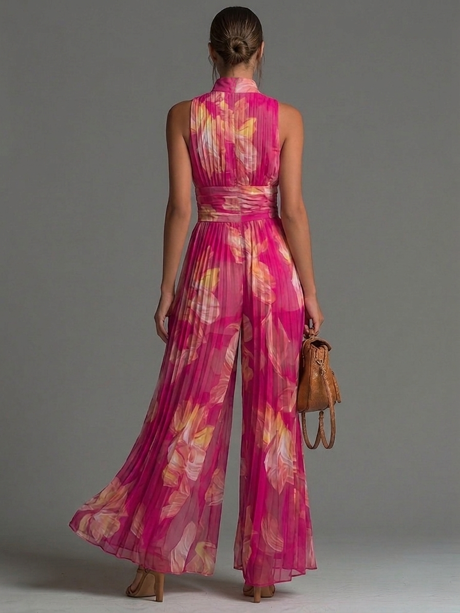 Fuchsia Floral Pleated Chiffon Serafina Jumpsuit