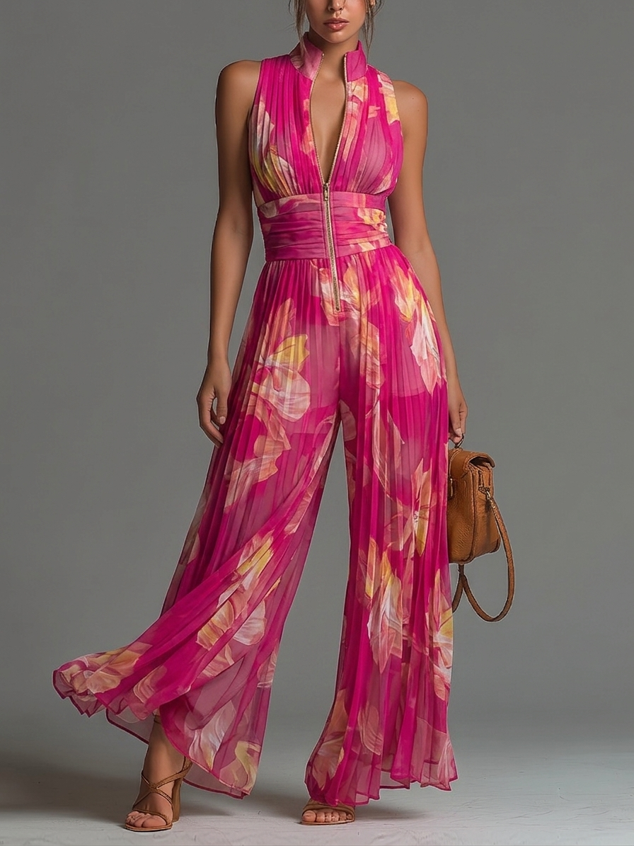 Fuchsia Floral Pleated Chiffon Serafina Jumpsuit