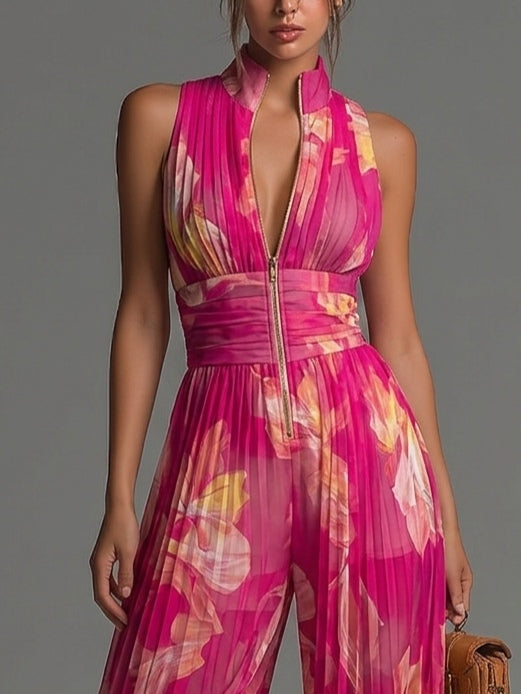 Fuchsia Floral Pleated Chiffon Serafina Jumpsuit