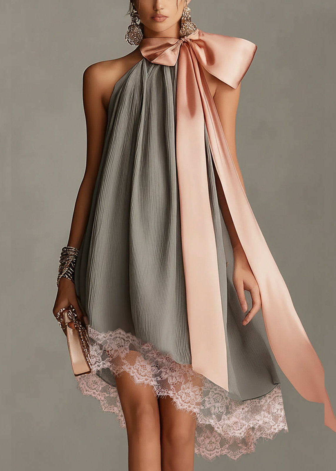Mini Satin Dress with Lace Bow