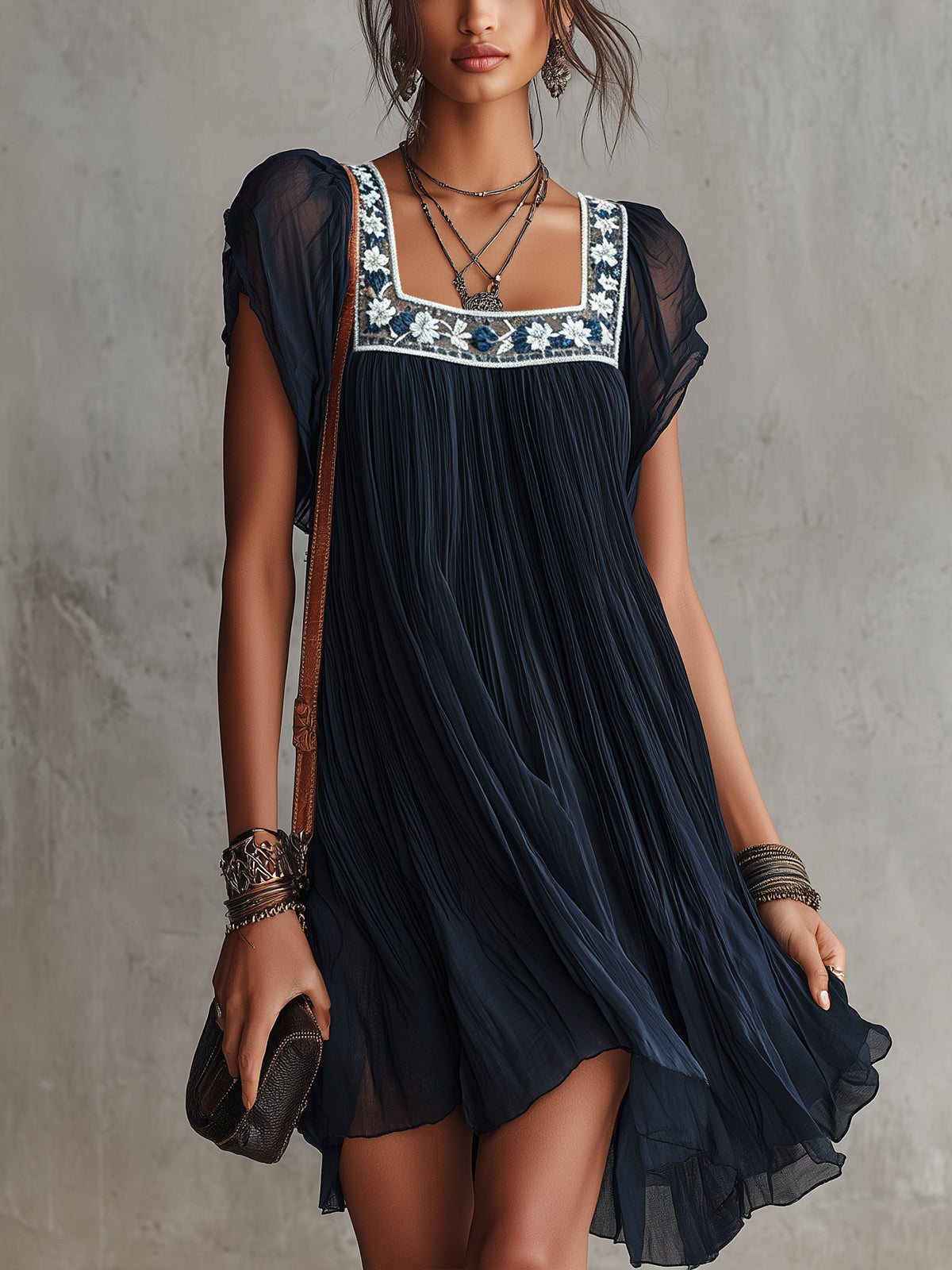 Apolline | Navy Embroidered Mini Dress