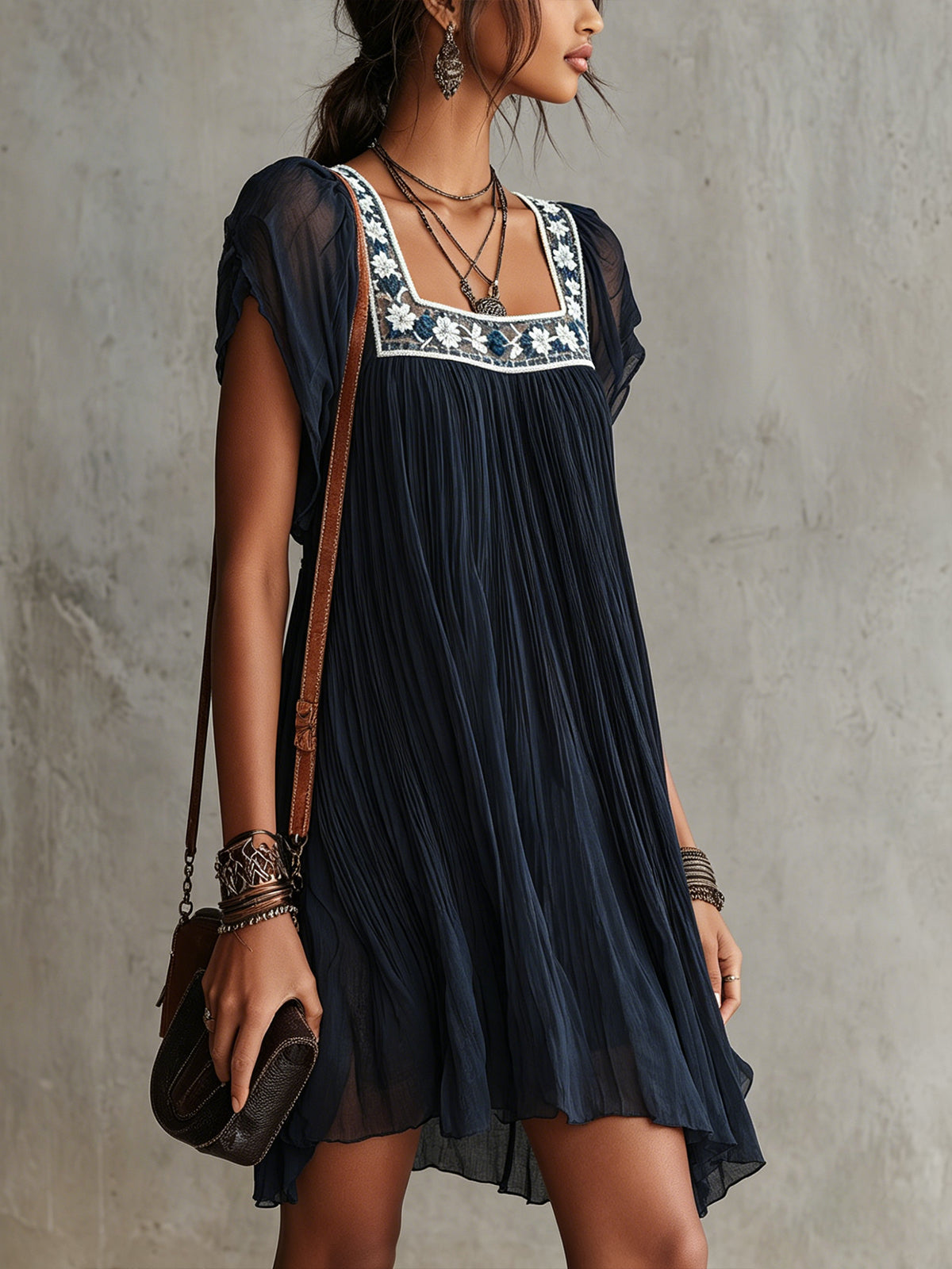 Apolline | Navy Embroidered Mini Dress