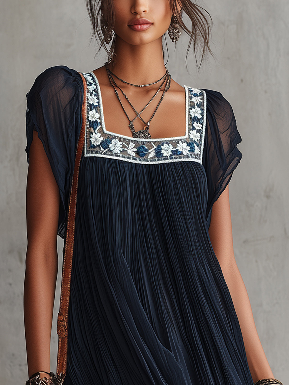 Apolline | Navy Embroidered Mini Dress