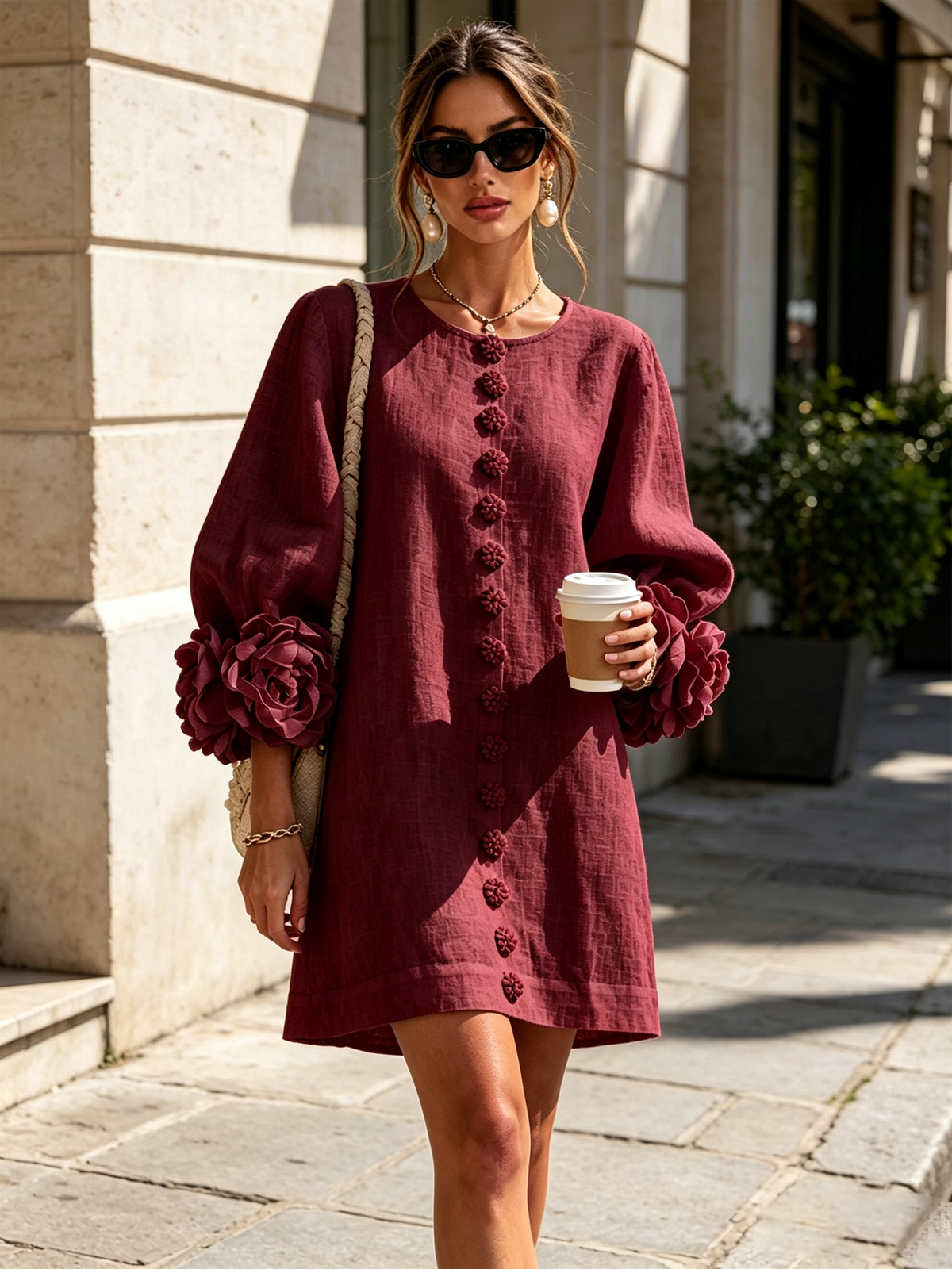 Buttoned Floral Mini Dress