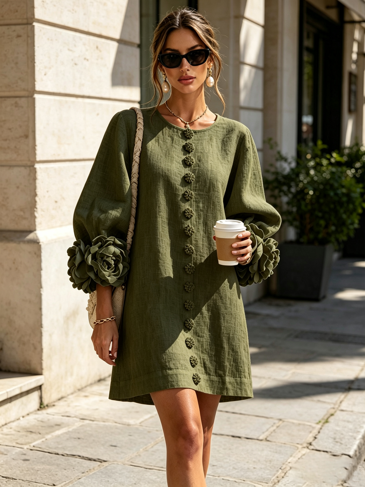 Buttoned Floral Mini Dress