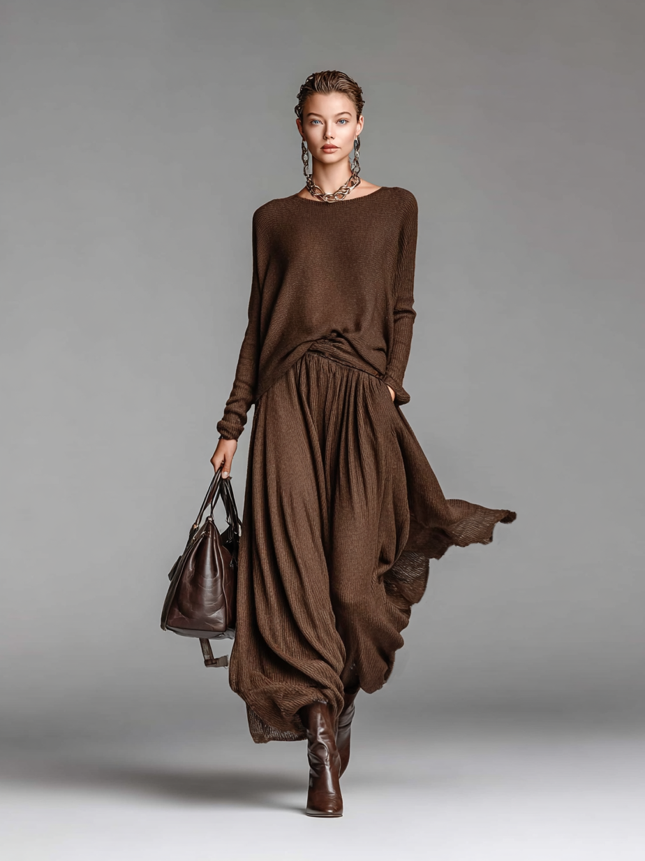 Sweater and Skirt Set with Round Neck