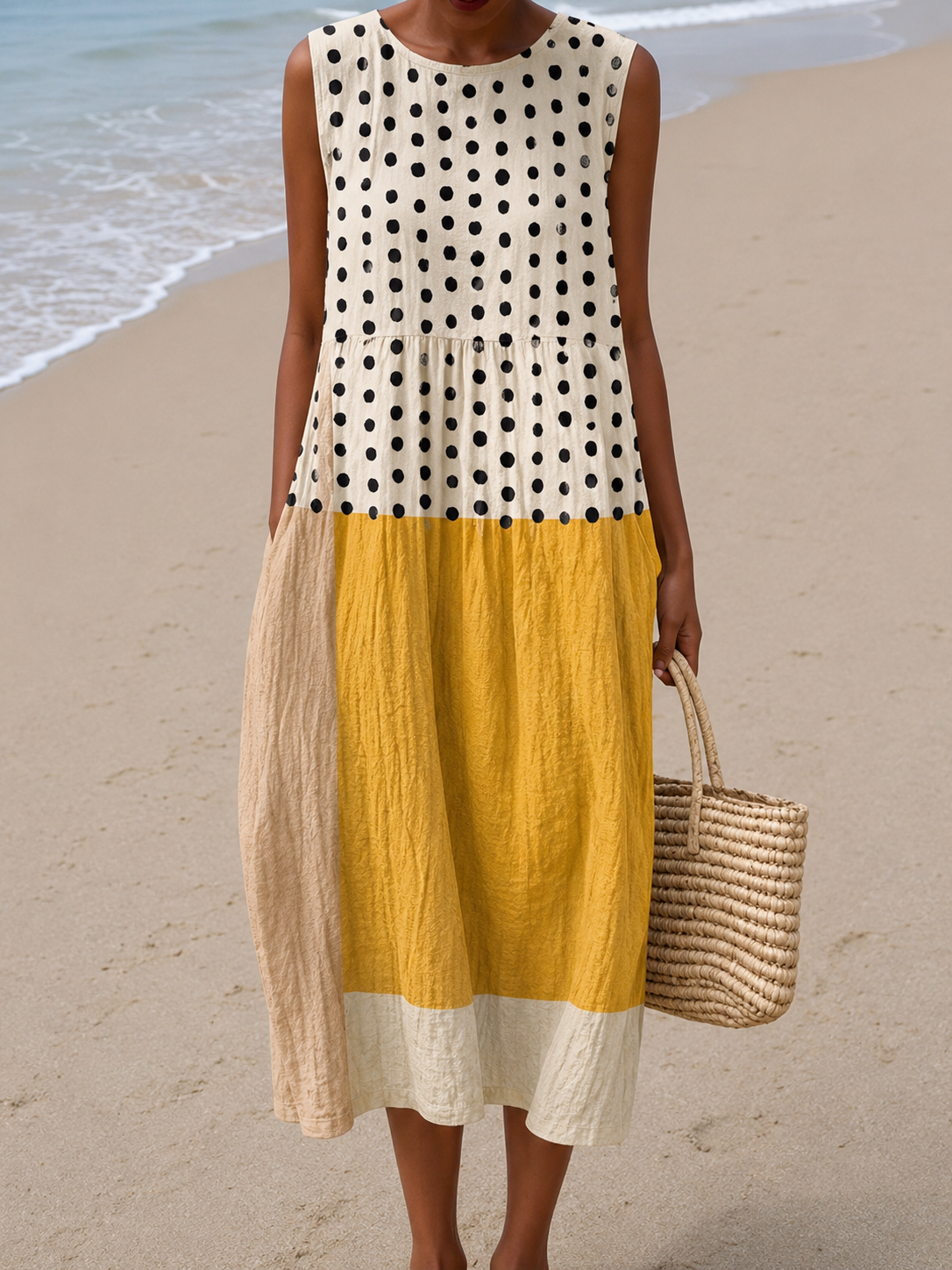 Colorblock Polka Dot Midi Dress