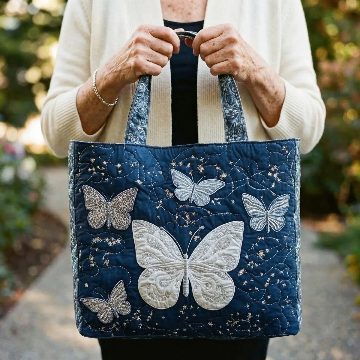 Silver Butterfly Quilted Tote Bag
