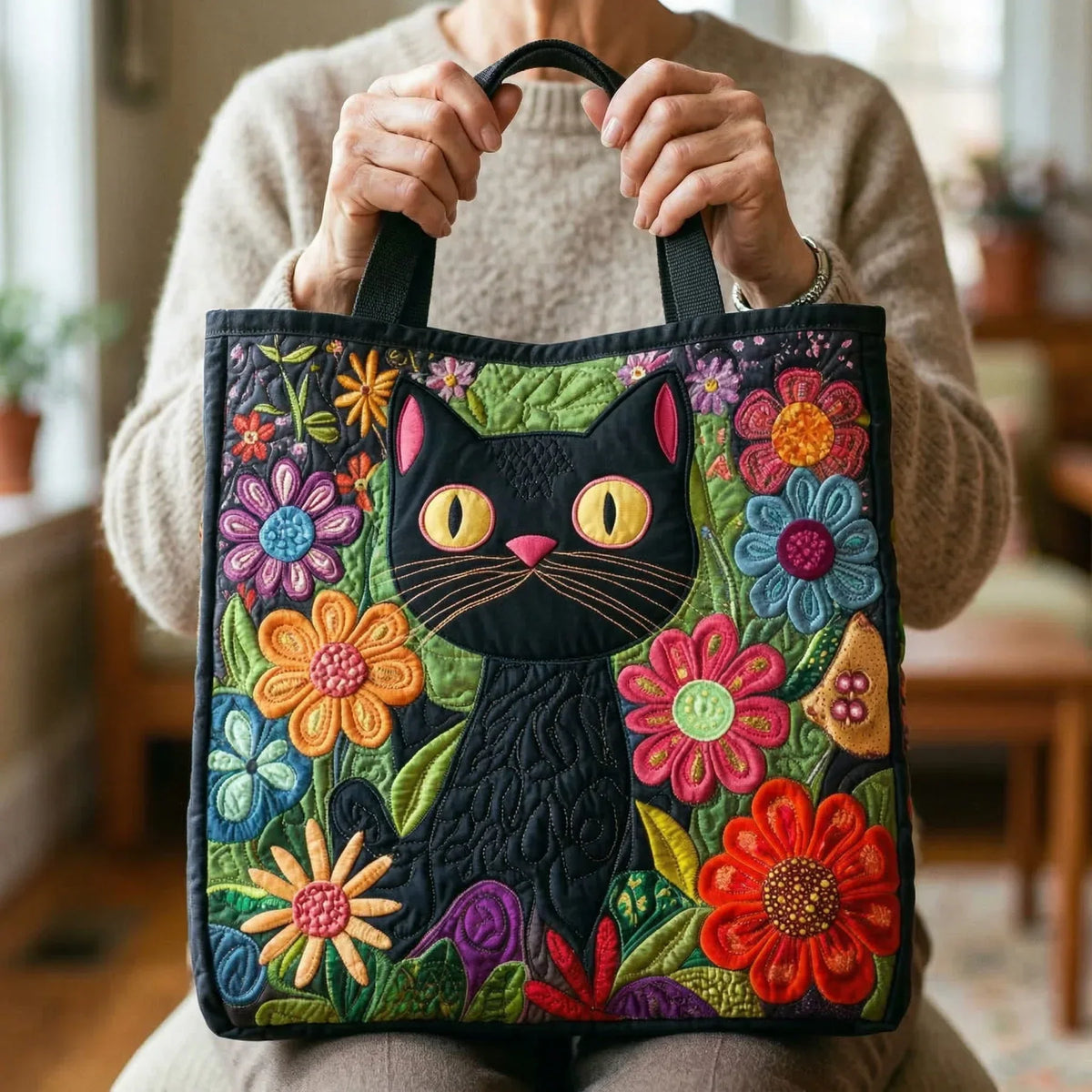 Black Cat with Flowers Quilted Tote Bag
