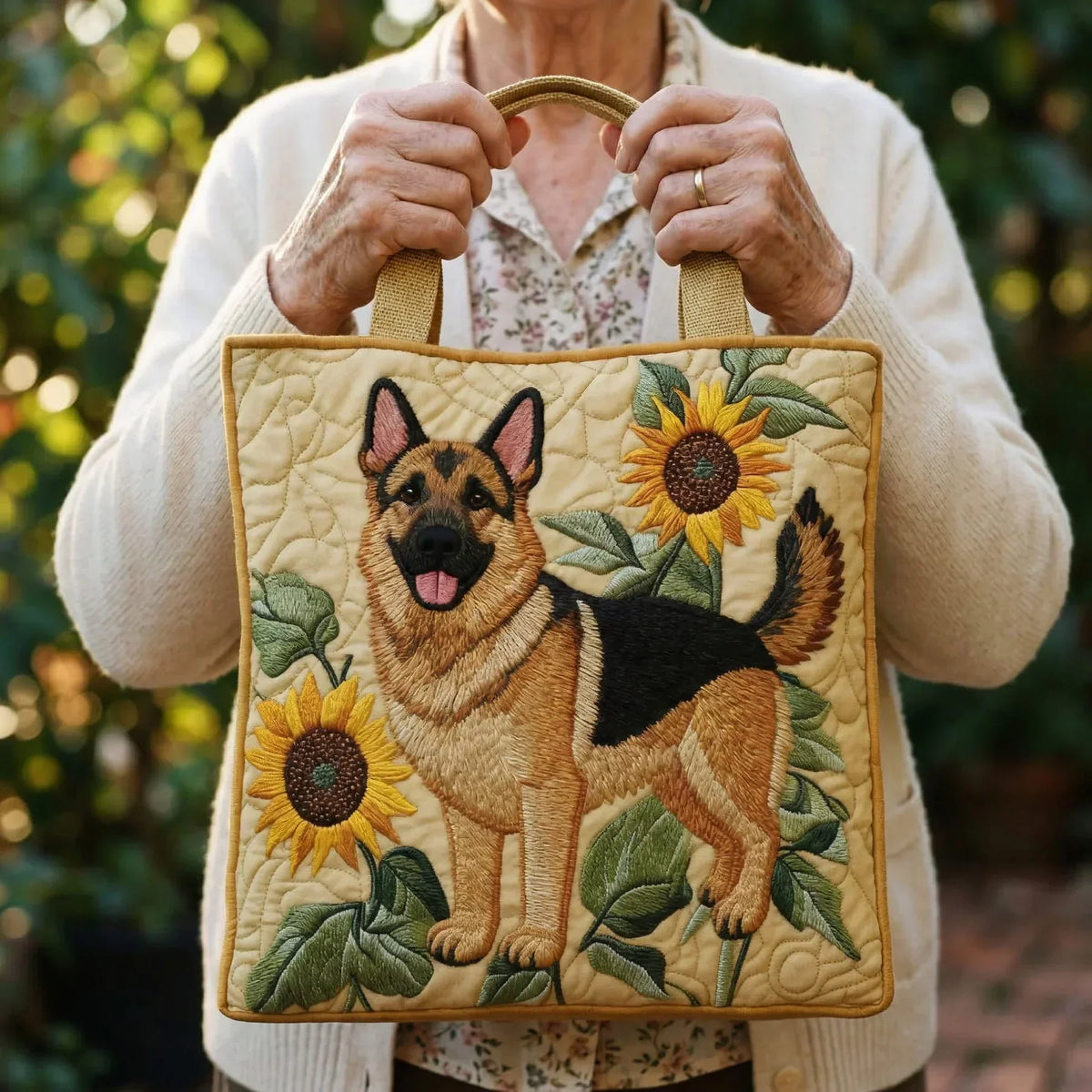 Floral German Shepherd Quilted Tote Bag