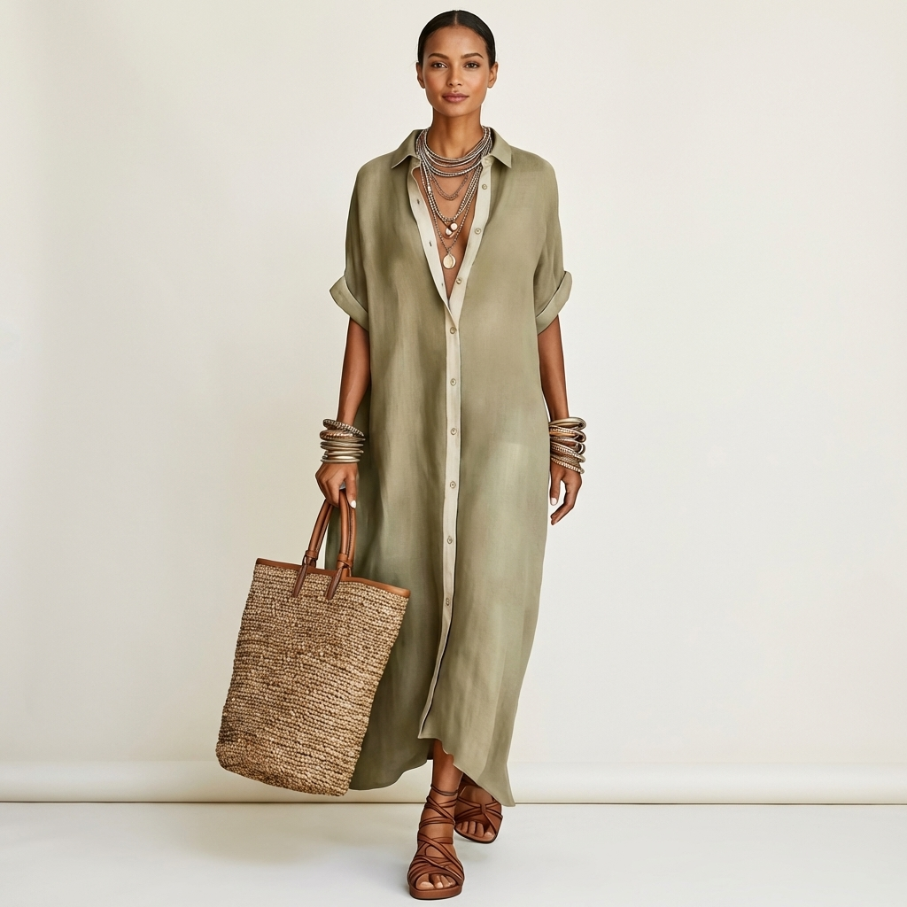 Maxi Shirt Dress with Contrasting Collar