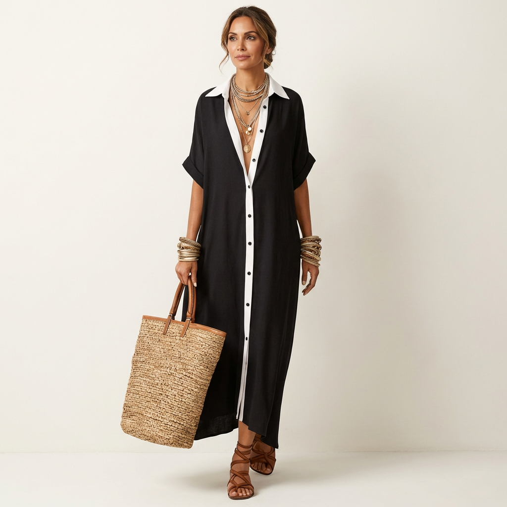 Maxi Shirt Dress with Contrasting Collar