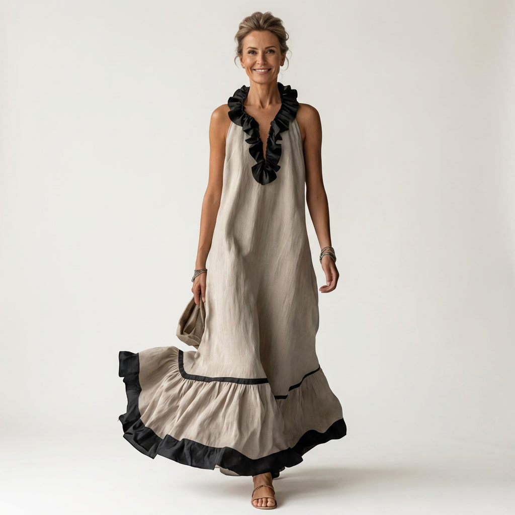 Sleeveless Maxi Dress with Ruffled Neckline