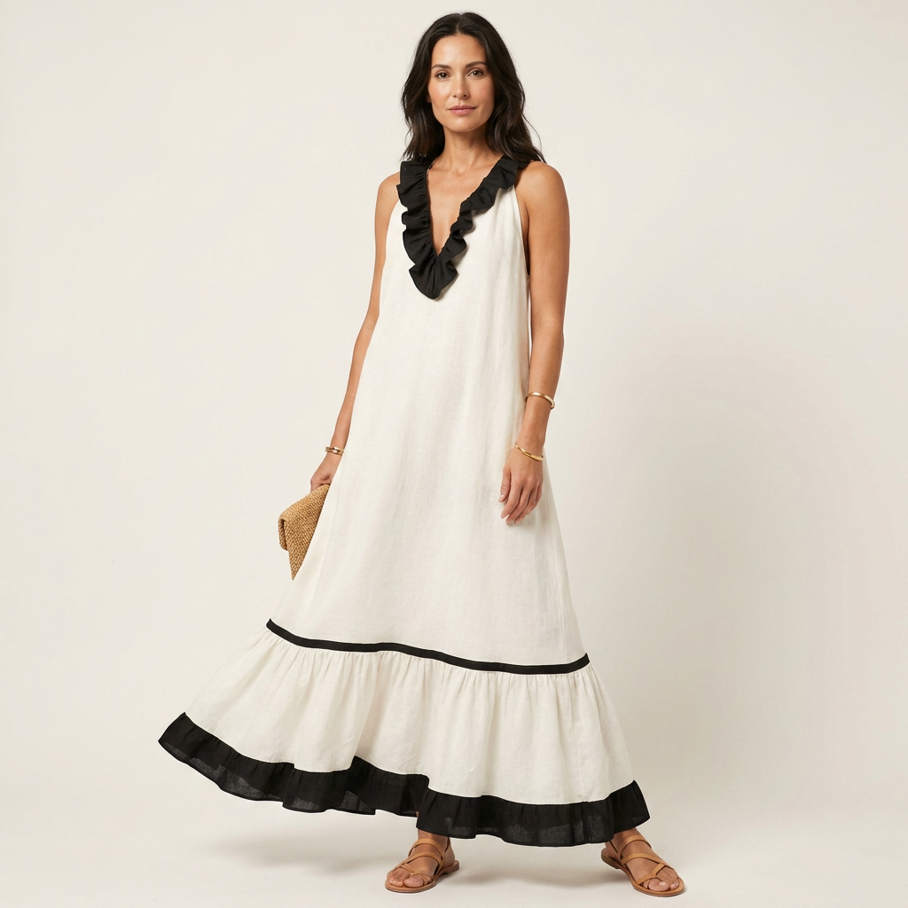 Sleeveless Maxi Dress with Ruffled Neckline