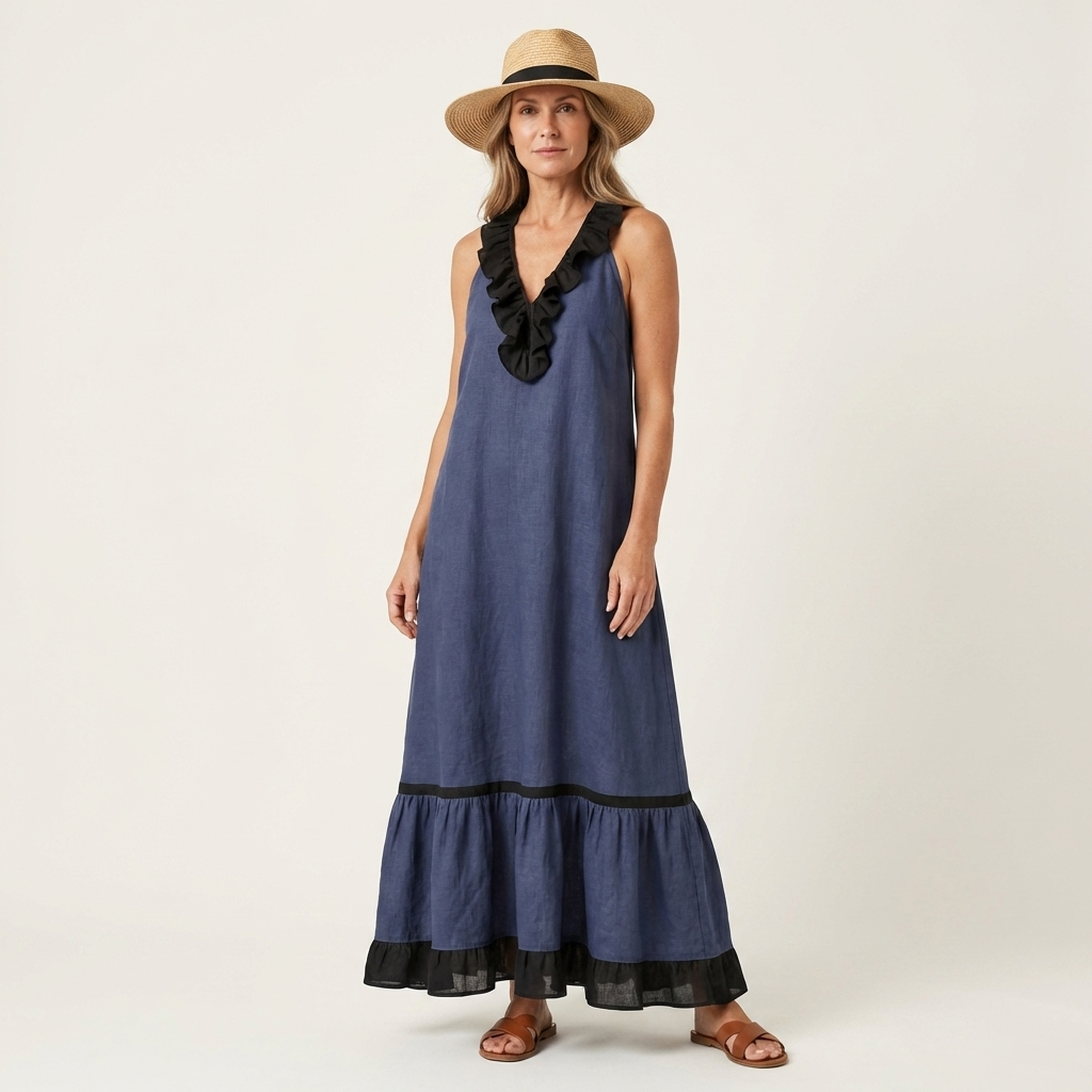 Sleeveless Maxi Dress with Ruffled Neckline