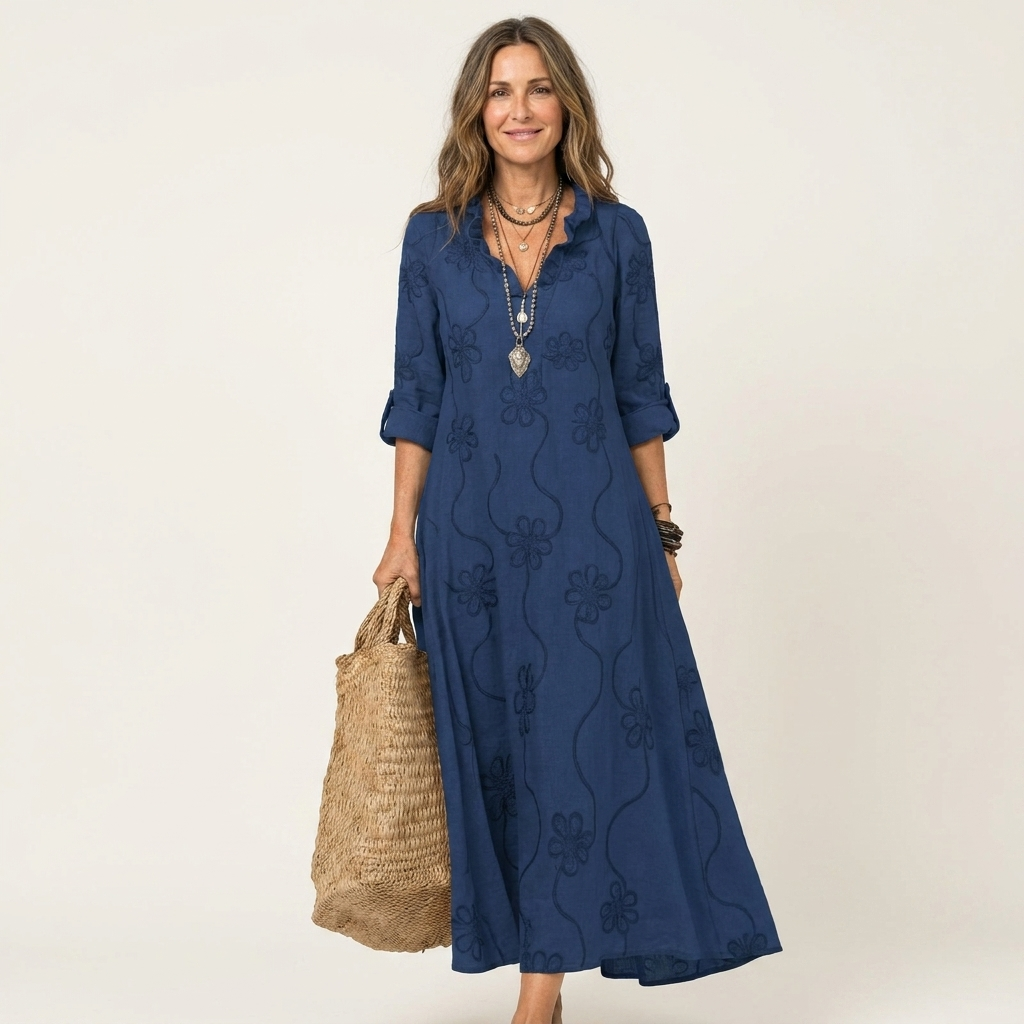 Maxi Embroidered Cotton-Linen Dress