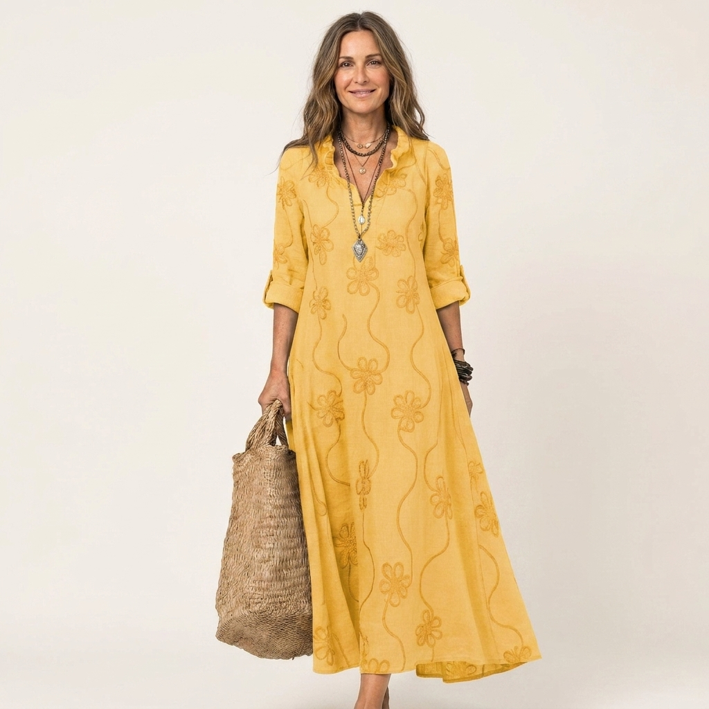 Maxi Embroidered Cotton-Linen Dress