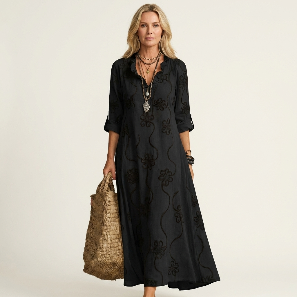 Maxi Embroidered Cotton-Linen Dress