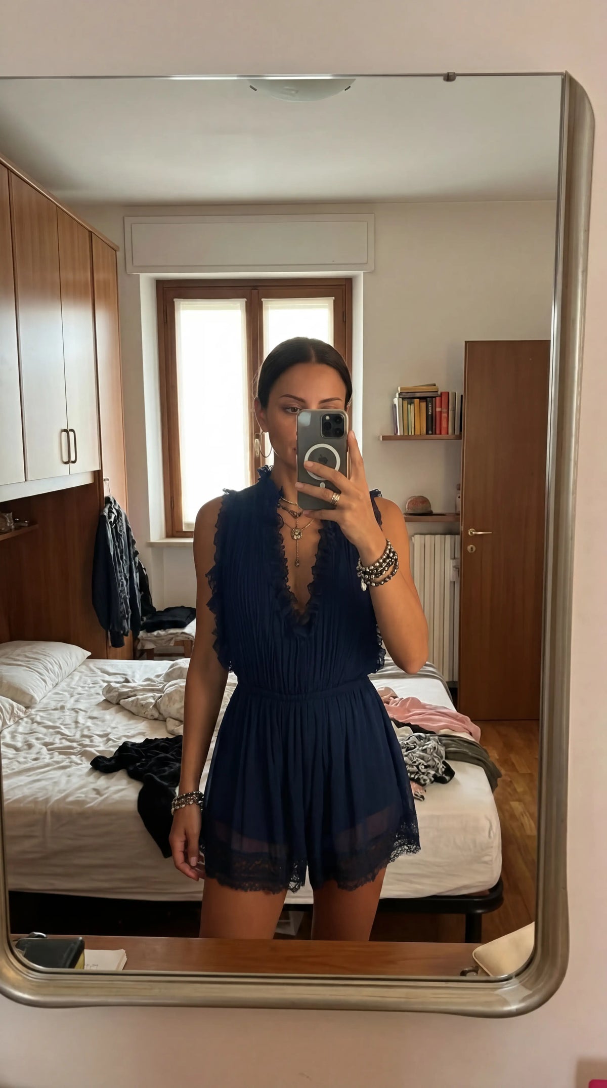Navy Pleated Chiffon Jumpsuit