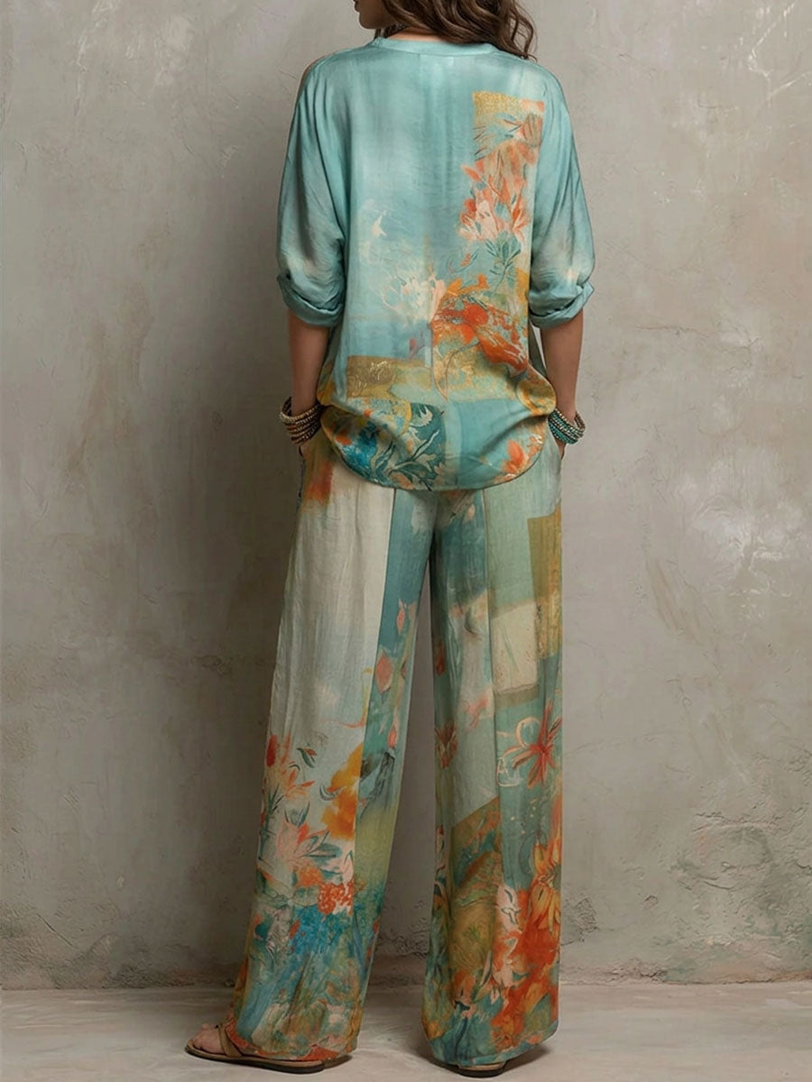 Chic Floral Set with Wide Pants