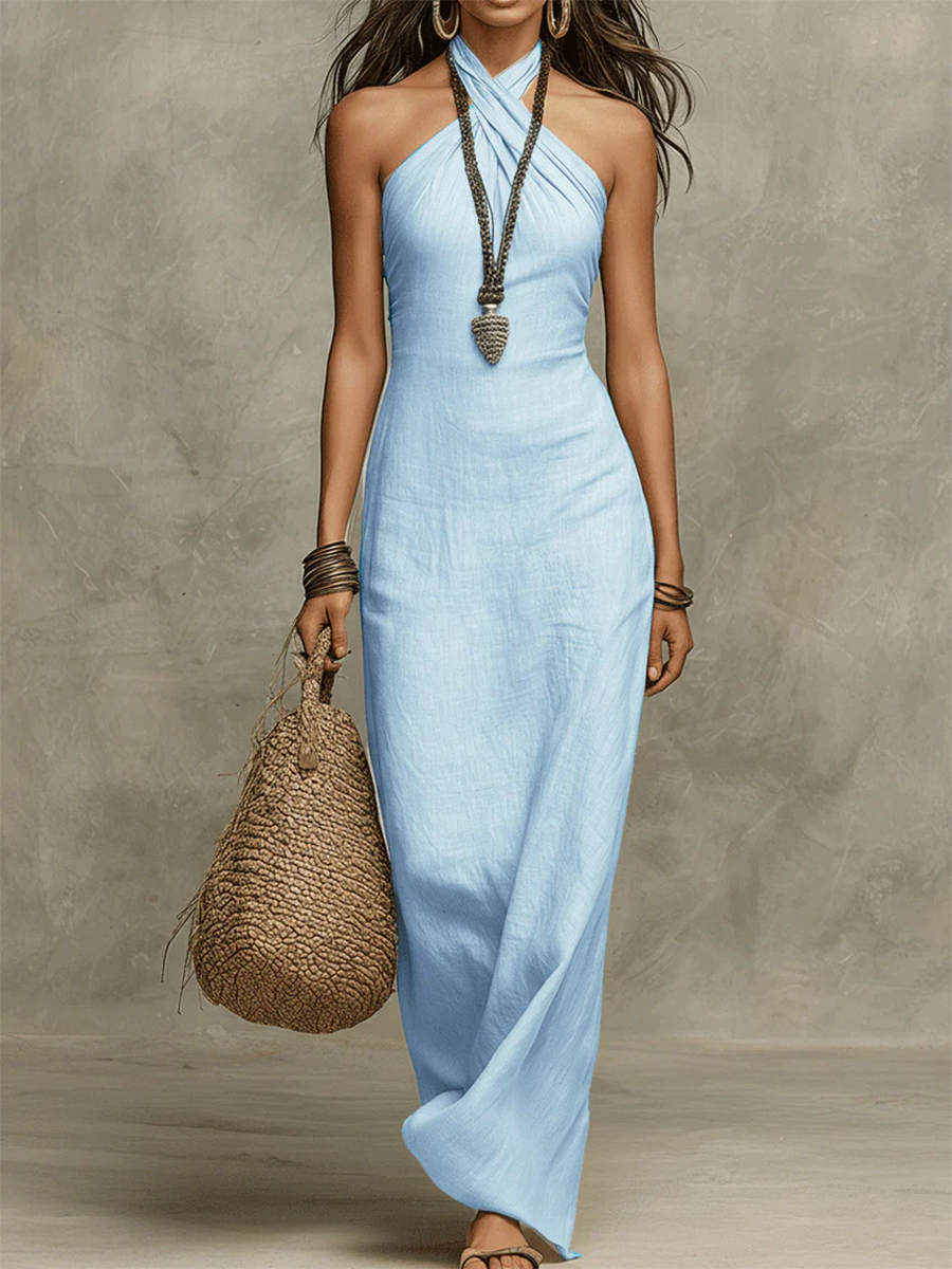Maxi dress in cotton and linen with American collar