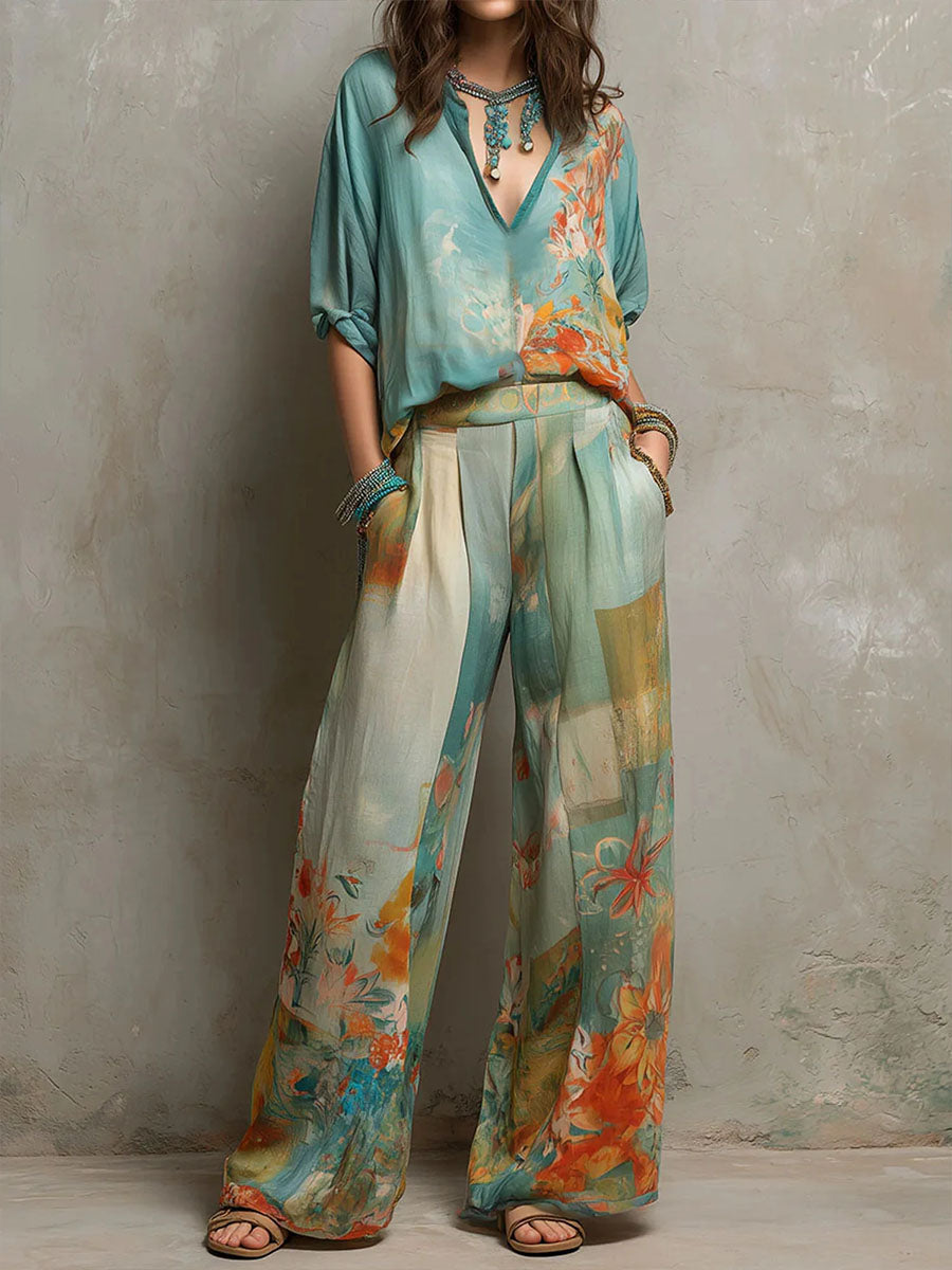 Chic Floral Set with Wide Pants